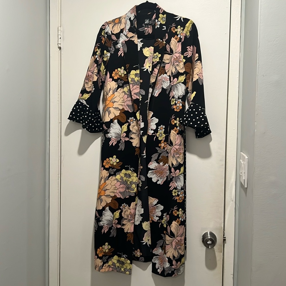 Floral Open-Front Duster with Polka Dot Cuffs